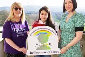 Aideen McMullan from Lisburn is pictured with Eleanor Ellerslie of Cruse Bereavement Support NI, and Beverley Brown of James Brown & Sons, at the launch of The Teenage Youth Bereavement Project, a video support resource which includes testimonies from young people about their own grief journey, discussion of personal experience following loss, and guidance on how to address grief, in a bid to support their peers who find themselves facing the death of someone they loved.