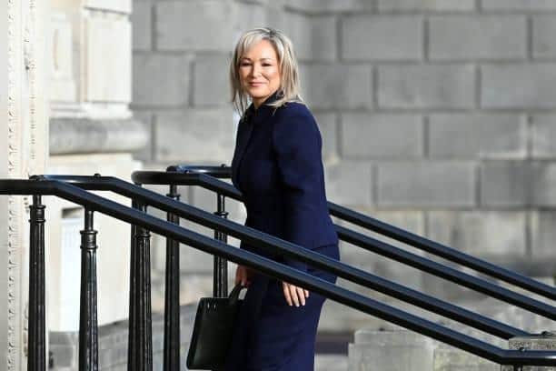 Sinn Fein's Michelle O'Neill is seen arriving at Stormont to be sworn in as Northern Ireland's First Minister . Credit: Charles McQuillan/Getty Images