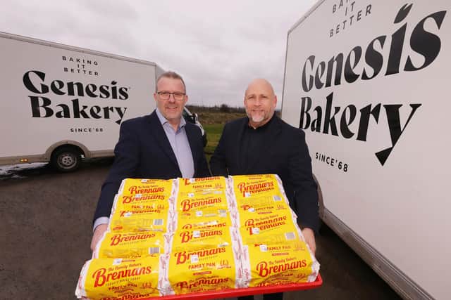 Celebrating Genesis Bakery uniting with Brennans Bakeries in a strategic distribution partnership are Colin Todd, National Sales Manager, Brennans Bakeries, and Kingsley Burrows, National Sales Manager, Genesis Bakery. Credit: Jim Corr