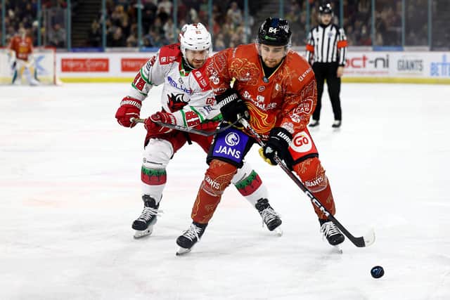 Belfast Giants’ David Goodwin with Cardiff Devils’ Joey Martin during Sunday’s EIHL game at the SSE Arena, Belfast.   Photo by William Cherry/Presseye