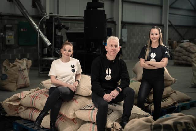 Annie David, commercial director, Patrick McAliskey co-founder, and Niamh McAliskey, operations manager, at Coney Island Coffee’s roastery in Lurgan.