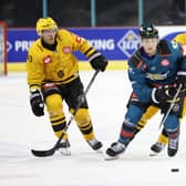 Belfast Giants' Will Cullen with Skelleftea’s Oscar Möller and Skelleftea's Pär Lindholm during Tuesday’ Champions Hockey League game at the SSE Arena, Belfast.
Photo by Darren Kidd/Presseye