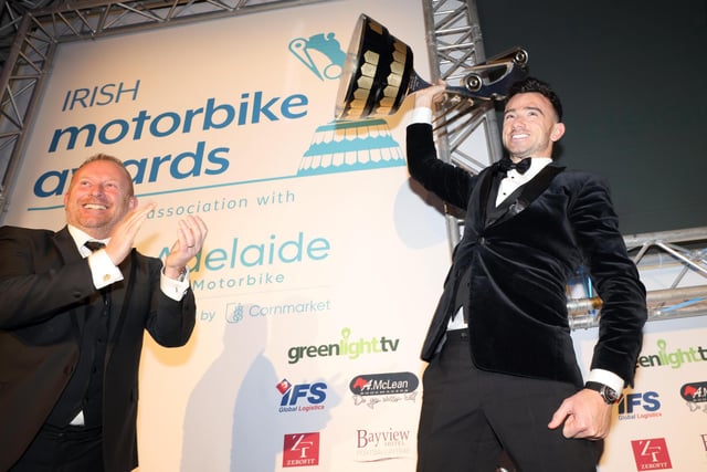 Glenn Irwin receives the Irish Motorcyclist of the Year award from Stephen Sutherland, Managing Director of Adelaide.