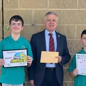 Tynan McWilliams, runner up and Jamie Crampsie, highly commended in the special school’s section of the 2023 schools’ competition pictured with UFU deputy president
and Bank of Ireland Open Farm Weekend chairman William Irvine. Credit: Ulster Farmers' Union