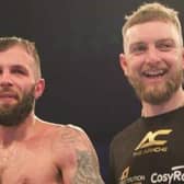 Anthony Cacace and Iain Mahood celebrate the win on May 27. (Pic Belfast Boxers).