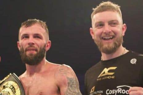 Anthony Cacace and Iain Mahood celebrate the win on May 27. (Pic Belfast Boxers).
