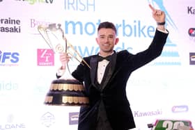 Glenn Irwin celebrates winning the Irish Motorcyclist of the Year award at the Adelaide Irish Motorbike awards.