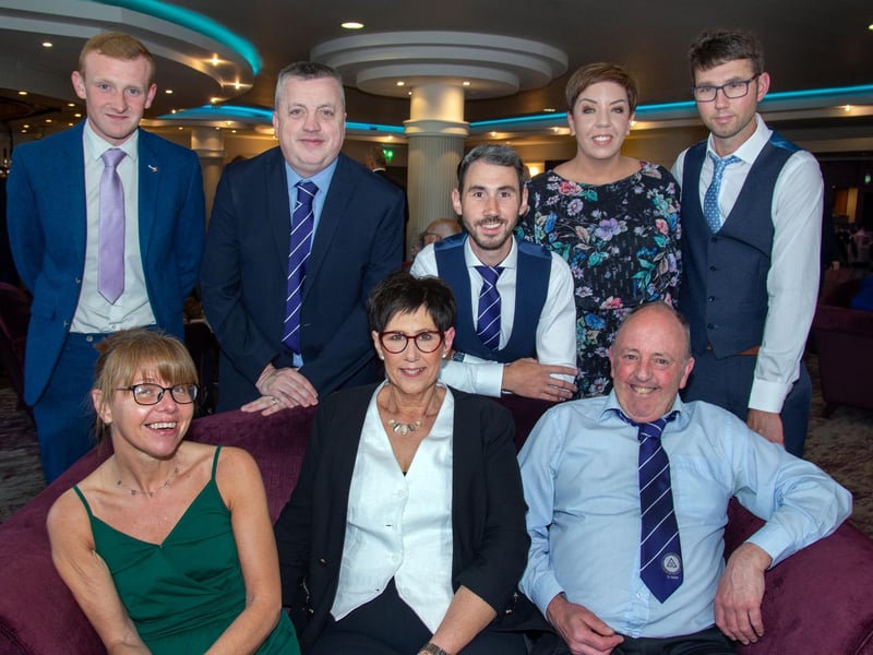 Celebrating at the Glenavon Triangle Supporters Club 75th anniversary dinner. LM22-223.