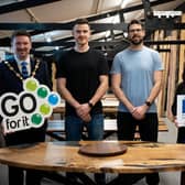 Pictured (left to right) is Cllr Scott Carons, Mayor of Lisburn and Castlereagh City Council, Joe Murphy Co-Owner of Alderwood Studios, Tony Murphy Co-Owner of Alderwood Studios and Martina Crawford, Chief Executive of Lisburn Enterprise Organisation Ltd.