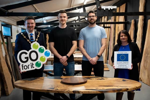 Pictured (left to right) is Cllr Scott Carons, Mayor of Lisburn and Castlereagh City Council, Joe Murphy Co-Owner of Alderwood Studios, Tony Murphy Co-Owner of Alderwood Studios and Martina Crawford, Chief Executive of Lisburn Enterprise Organisation Ltd.