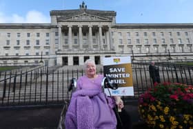 Margaret Galloway, president and acting chair of the National Pensioners Convention Northern Ireland Region, outside Stormont on October 7 to protest against the cut in winter fuel payments. (Pic: Pacemaker).