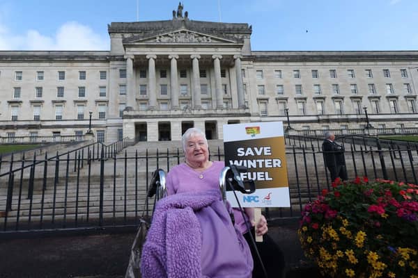 Margaret Galloway, president and acting chair of the National Pensioners Convention Northern Ireland Region, outside Stormont on October 7 to protest against the cut in winter fuel payments. (Pic: Pacemaker).