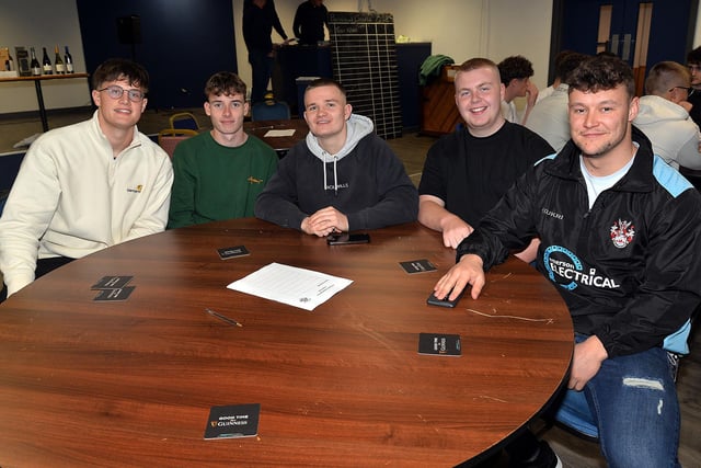 Getting their heads together for the Portadown College rugby charity quiz are from left,Jamie Johnston, Joey McDonald,Tom Neill, Alex Vennard and William Holden. PT43-204.