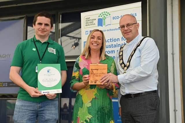 Chair of Mid Ulster District Council, Dominic Molloy with the Council’s Eco-Teacher of the Year, Aileen McLea, St Mary's Bellaghy and Peter McErlean, Keep Northern Ireland Beautiful Field Officer.