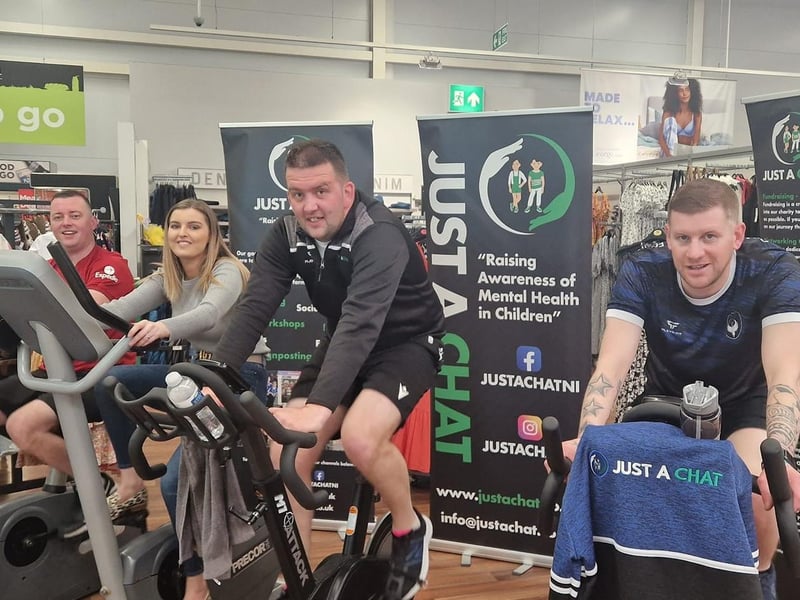 Keeping up the spirits were these four cyclists at Asda in Portadown. They were taking part in a cycle for charity event for Just Chat, which was set up to raise awareness and combat the stigma of mental health for youths. They helped cycle 282 miles to raise vital funds.