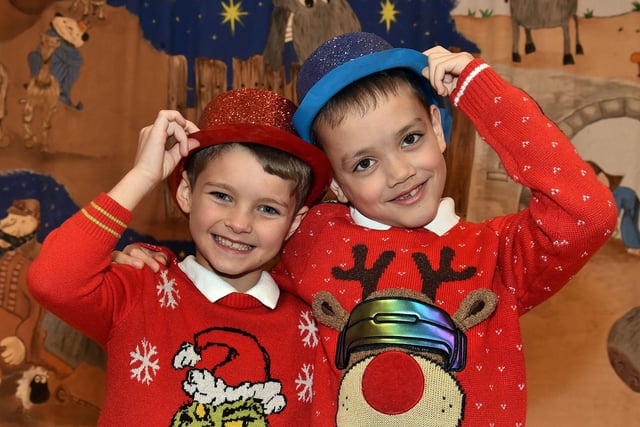 Oscar, left, and Sam who were two of the narrators in the Cope Primary School, Loughgall, KS1 nativity play, Hey Ewe! PT50-209.