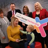 Pictured with Council Chair, Cllr. Córa Corry at the launch of the Mid Ulster LMP are from left- back row: Grainne Scullion (NICMA), Damian Power (LMP Chair), and Patricia Lewsley-Mooney CBE (CEO NICMA); Front row: Childminder Sinead Daly and Ronan.