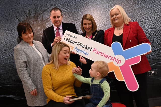 Pictured with Council Chair, Cllr. Córa Corry at the launch of the Mid Ulster LMP are from left- back row: Grainne Scullion (NICMA), Damian Power (LMP Chair), and Patricia Lewsley-Mooney CBE (CEO NICMA); Front row: Childminder Sinead Daly and Ronan.