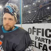 Belfast Giants' goalie Tyler Beskorowany during practice at the SSE Arena, Belfast. Picture: Darryl Armitage