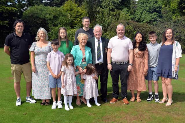Portadown Golf Club president, Colm McKeever and his wife Elish pictured with family members on his 2023 President's Day. PT26-220. Photo by Tony Hendron