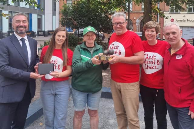 Chris McCracken of LQ BID pictured with NI Chest, Heart &amp; Stroke &amp; Dawn Kurk, Irish Pentanque