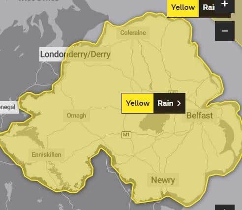 A Yellow weather warning has been issued for heavy rain across Northern Ireland. (Pic: Met Office).