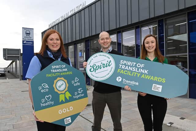 Portrush Train Station has achieved a ‘Gold’ award in the 2023 SPIRIT of Translink Facility Awards delivered in partnership with Keep Northern Ireland Beautiful (KNIB). Pictured celebrating their achievement are l-r Brenda Sharky, Chris Allen, Translink and Sinead Murray (KNIB).  Credit Translink