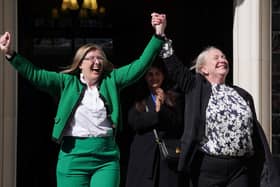 Susan smith (left) and Marion Calder (right) co-directors of For Women Scotland celebrate outside the Supreme Court in London after terms "woman" and "sex" in the Equality Act refer to a biological woman and biological sex, the Supreme Court has ruled. Photo: Lucy North/PA Wire