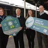 Coleraine Bus & Rail Centre has achieved a top ‘Platinum’ award in the 2023 SPIRIT of Translink Facility Awards delivered in partnership with Keep Northern Ireland Beautiful (KNIB) Pictured celebrating their achievement are l-r Brenda Sharky, Mairead Campbell, Translink, Sinead Murray (KNIB) and Chris Allen, Translink.   Credit Translink