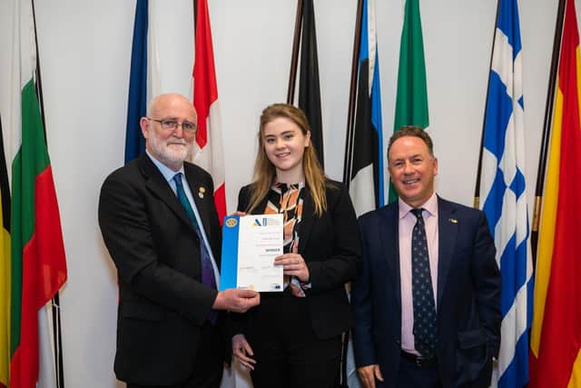 Dalriada student  Hannah Scott  receiving her Rotary Youth Leadership Development award from Capt. Sean Fitzgerald, District Governor of Rotary Ireland and Patrick O’Riordan, Head of Public Affairs with the European Parliament in Ireland,  at an event at Europe House in Dublin recently. [Photo: Collette Creative Photography]