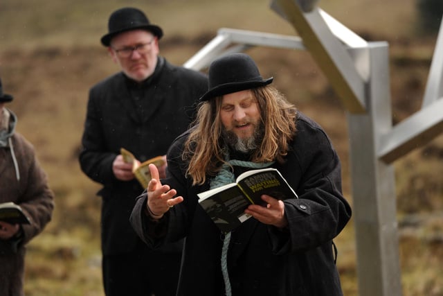 L-R: David Pearse (Estragon), Conor Grimes (Vladimir) & Tadgh Murphy (Lucky) performing Waiting for Godot at the Oh My Godot! event, 12 April 25.