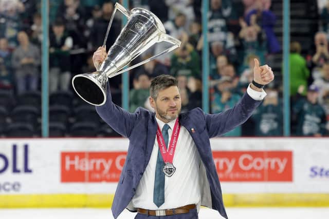 Moments in history don't come sweeter than the one when the Belfast Giants were crowned 2022-23 Viaplay Elite League champions. Pictured is head coach Adam Keefe. Picture: William Cherry/Presseye