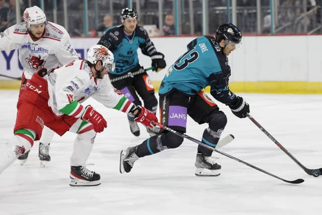 Belfast Giants’ Steven Owre with Cardiff Devils’ Marcus Crawford during Sunday afternoons Elite Ice Hockey League game at the SSE Arena, Belfast    Photo by William Cherry/Presseye