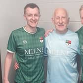 HE'S A KEEPER...Terry Nicholson with Donacloney Reserves manager Matthew Holmes (left) and assistant manager Ryan Graham. Picture: Donacloney FC.