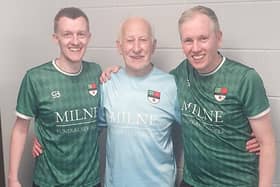 HE'S A KEEPER...Terry Nicholson with Donacloney Reserves manager Matthew Holmes (left) and assistant manager Ryan Graham. Picture: Donacloney FC.