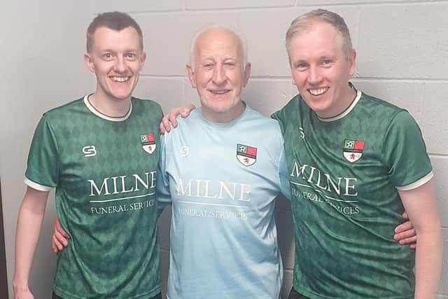 HE'S A KEEPER...Terry Nicholson with Donacloney Reserves manager Matthew Holmes (left) and assistant manager Ryan Graham. Picture: Donacloney FC.