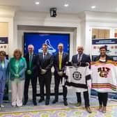 Representatives from the four men’s teams competing in the 2025 Friendship Four, with Governor Maura Healey, Governor of Massachusetts; Martin McDowell, Chair of The Odyssey Trust; and Joseph Kennedy III, United States Special Envoy for Northern Ireland
