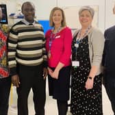 L-R, Clinical Manager Jeni Hamilton, Kiwoko Hospital Leader Sam Oyirwoth, Kiwoko Hospital Pharmacist Shadrach Lukwago, Director of Surgery, Elective, Maternity and Paediatrics, Maggie Parks, Interim Assistant Director For Surgery Katherine Dane and Jim McAnlis from Friends of Kiwoko Hospital. Pic credit: SEHSCT