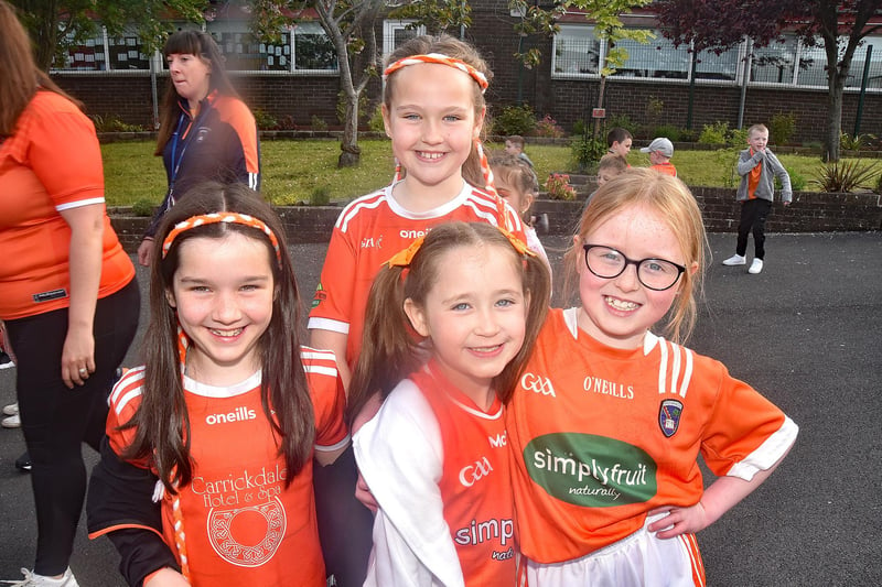 Armagh fans taking part in the fun at St John The Baptist Primary School Armagh Day. PT19-212.