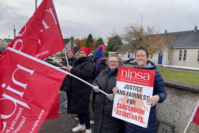 On the picket line at Carrick PS in Lurgan, Co Armagh. Hundreds of school support staff from unions such as Unison, Unite, GMB and NIPSA – joined the strike on the second day in what will be one of the biggest strikes among non-teaching unions in years. The ongoing industrial dispute is over the failure to deliver a pay and grading review to education workers as part of a negotiated resolution of the 2022 pay dispute.