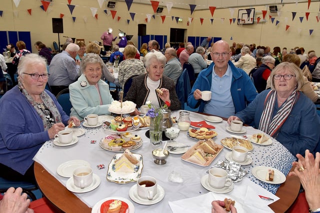Smiles all round as members of the  Richhill Presbyterian Tuesday Morning Club enjoy the group's Coronation Tea. PT17-276.