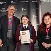 Lydia Frew from Dalriada School was awarded third place in the AS Best Animated Film category. Her award was presented by co-founder and Director of Aura Studios Eva Robinson, CCEA's Ingrid Arthurs, and NI Screen's Bernard McCloskey. Credit CCEA