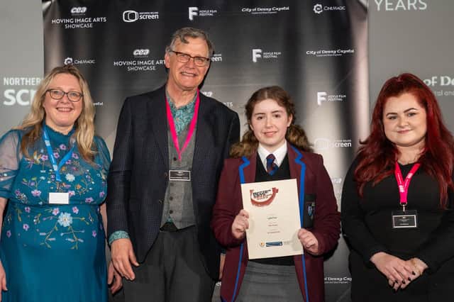 Lydia Frew from Dalriada School was awarded third place in the AS Best Animated Film category. Her award was presented by co-founder and Director of Aura Studios Eva Robinson, CCEA's Ingrid Arthurs, and NI Screen's Bernard McCloskey. Credit CCEA