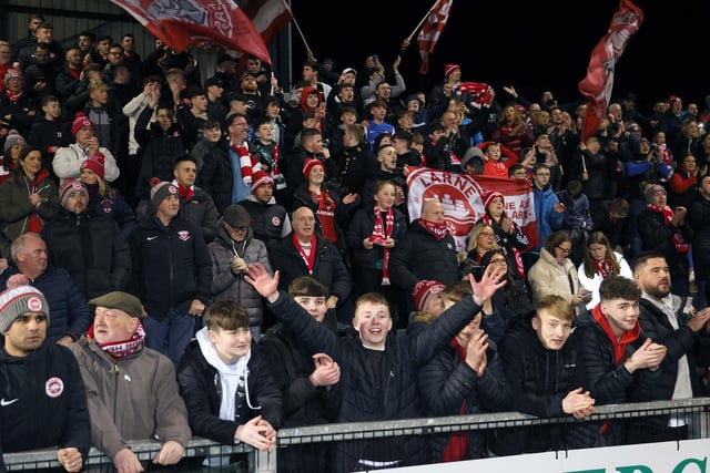 Larne's supporters celebrates their side's league title win. Photo by David Maginnis/Pacemaker Press