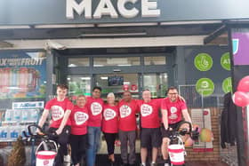 MACE Cookstown staff, from left,  Darragh Nugent, Laverne Mitchell, Nomi Bagar, Aileen Loughran, Sam Bhatti (Store Owner), Darren Campbell and Gary Derby. Credit: NICHS