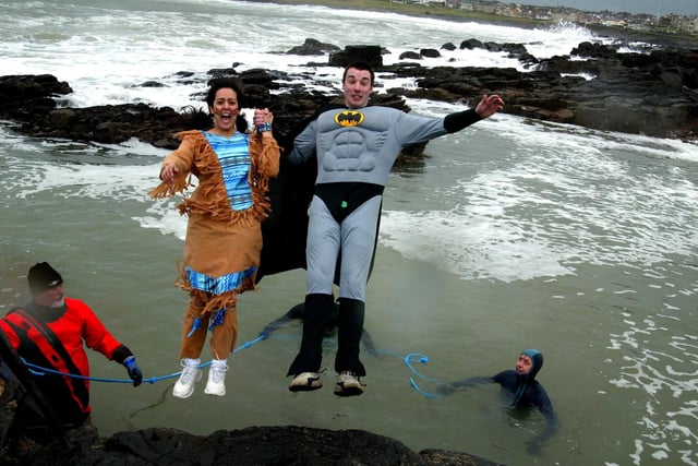 Leah Kerr, and John McCory, take the plunge at the 25th anniversary ot Portstewart Duck Dive on St Patrick's Day in aid of Portrush RNLI in 2007