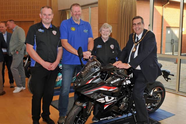 Lord Mayor of Armagh City, Banbridge and Craigavon, Alderman Stephen Moutray at the launch of the Tandragee 100 Motorcycle Races with, John McClure, clerk of course, John Richardson, assistant clerk of course and Sheila Sinton, chairperson and race secretary. Picture: Geoffrey Cousins / ABC Borough Council