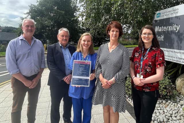 Dr Craig Renfrew (Associate Medical Director), Mr Charlie Martyn, (Medical Director), Dr Cathryn Sproule (Trainee Doctor, Obstetrics), Dr Caroline Bryson (Consultant Obstetrician) & Dr Claire Dougan (Consultant Obstetrician). Pic credit: SEHSCT