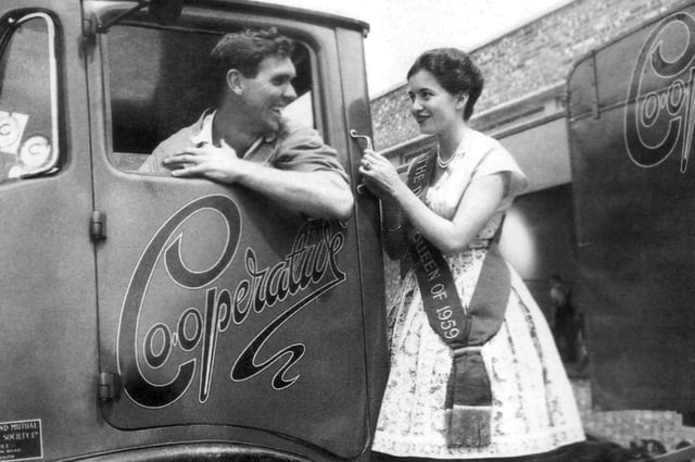 Arthur Rickets welcoming the Co-op Dairy Queen 1959