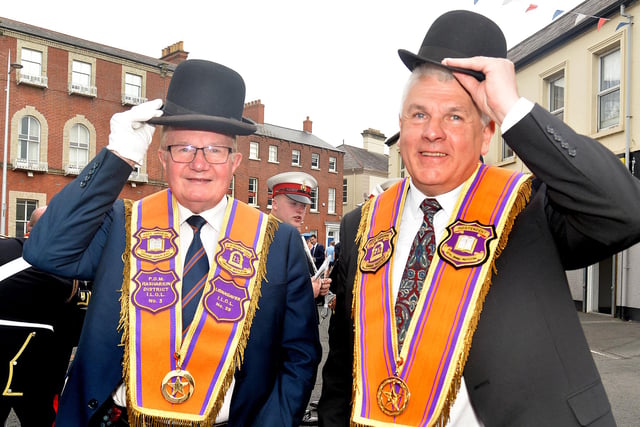 Independent Orange Institution members, Drew McIntyre, left, Past Grand Chaplain, and Alan McLean, Past Grand Master pictured before setting off on Saturday evening. PT24-244.
